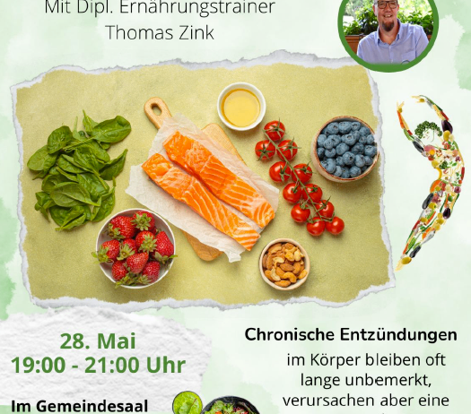 Workshop zur antientzündlichen Ernährung. Mit Thomas Zink, Ernährungsberater. Termine: 28. Mai, 19:00-21:00 in Weitersfeld. Anmeldung unter +43 3453 2509.