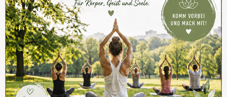 Ein Plakat für Outdoor-Yoga-Sitzungen im Park, geeignet für alle Niveaus. Es enthält Daten, Ort, was mitzubringen ist und Kosten.