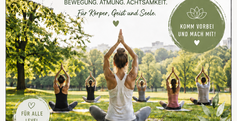 Ein Plakat für Outdoor-Yoga-Sitzungen im Park, geeignet für alle Niveaus. Es enthält Daten, Ort, was mitzubringen ist und Kosten.
