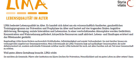 A flyer for LIMA, a program promoting quality of life in old age. It features a logo, a description of the program, and details about courses, fees, and contact information. The flyer is designed in a green and white color scheme.