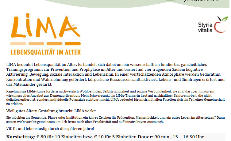 Ein Flyer für LIMA, ein Programm zur Förderung der Lebensqualität im Alter. Es zeigt ein Logo, eine Beschreibung des Programms und Details zu Kursen, Gebühren und Kontaktinformationen. Der Flyer ist in einem grünen und weißen Farbschema gestaltet.