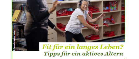 A flyer for a presentation on staying fit for a long life. Two women are shown exercising in a library. The text reads 'Fit for a long life? Tips for an active old age.'