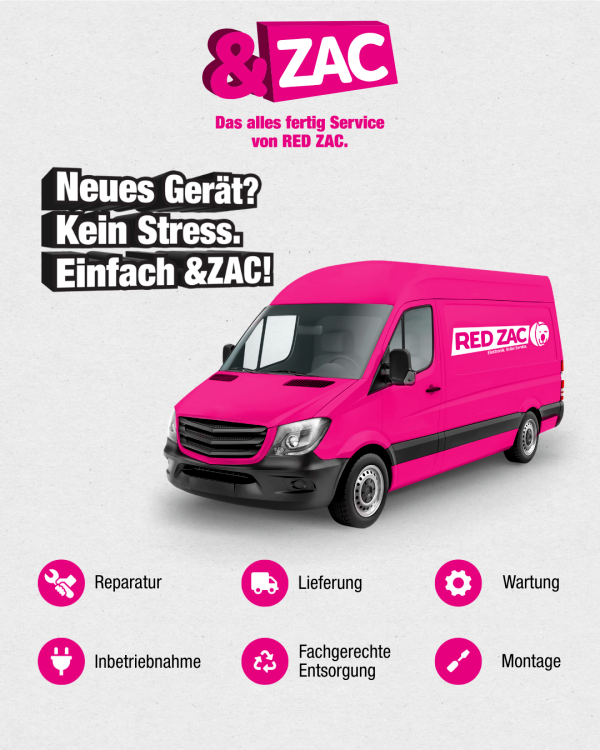 Eine Werbung für einen Service-Transporter von RED ZAC, der Reparatur, Lieferung, Wartung, Betrieb, fachgerechte Entsorgung und Montage anbietet. Der Van ist rosa mit dem Markenlogo an der Seite.