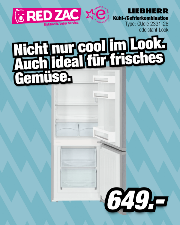 Liebherr-Kühlschrank-Werbeanzeige, die das Edelstahl-Design und die ideale Lagerung für frisches Gemüse zeigt. Zum Preis von 649.