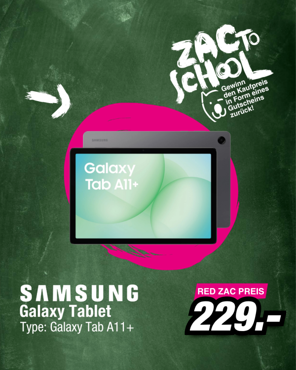Werbung für ein Samsung Galaxy Tab A11+ Tablet, zum Preis von 229 Euro, auf einem grünen Tafelhintergrund dargestellt.