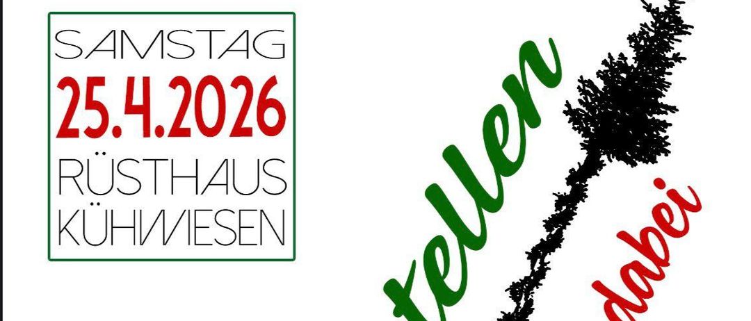 Ein Plakat für Rusthaus Kühwiesen mit einem geschmückten Baum, einem Kran und einem Haus. Es steht 'Maibaumstelzen', 'Sei dabei', 'AB 15:00' und 'Dorffest'. Die Veranstaltung ist kostenlos.