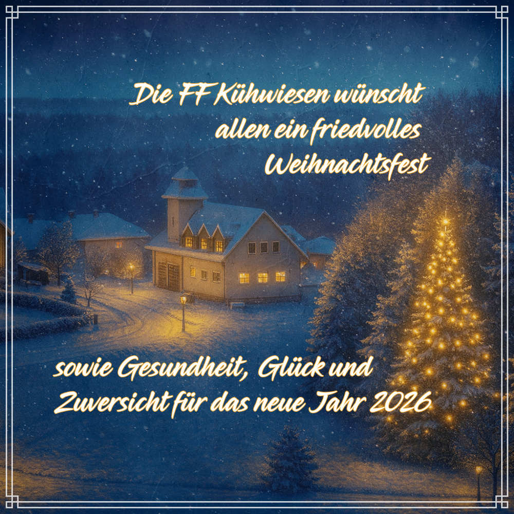 A festive Christmas card from FF Kühwiesen wishing everyone a peaceful Christmas and health, happiness, and security for the new year 2026.