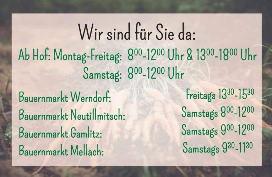 Das Bild zeigt Öffnungszeiten für einen Bauernmarkt. Ab Hof, Montag-Freitag: 8-12 Uhr & 13-18 Uhr. Samstag: 8-12 Uhr. Werndorf, Freitags: 13:30-15:30. Neutillmitsch, Samstags: 8-12. Gamlitz, Samstags: 9-12. Mellach, Samstags: 9:30-11:30.