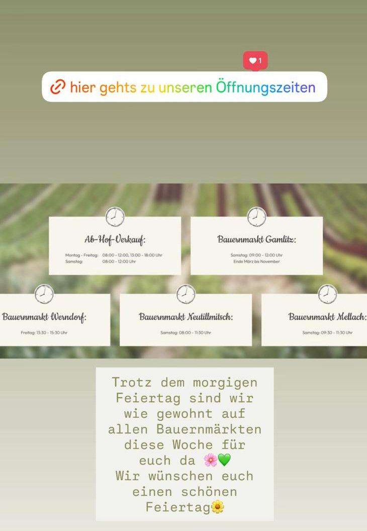 Eine Webseite zeigt die Öffnungszeiten verschiedener Bauernmärkte. Der Ab-Hofl-Verkauf ist Montag bis Freitag von 8:00 bis 18:00 Uhr geöffnet. Der Bauernmarkt Gamplitz ist samstags von 9:00 bis 12:00 Uhr bis Ende März geöffnet. Der Bauernmarkt Wenddorf ist freitags von 13:30 bis 15:30 Uhr geöffnet. Der Bauernmarkt Neustiftlmittsch ist samstags von 8:00 bis 15:30 Uhr geöffnet. Der Bauernmarkt Mellach ist samstags von 9:30 bis 15:30 Uhr geöffnet.