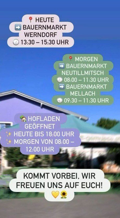 Der heutige Bauernmarkt in Werndorf ist von 13:30 bis 15:30 Uhr. Morgen gibt es Bauernmarkts in Neutillmitsch von 08:00 bis 11:30 Uhr und in Mellach von 09:30 bis 11:30 Uhr. Der Hofladen ist heute bis 18:00 Uhr und morgen von 08:00 bis 12:00 Uhr geöffnet.