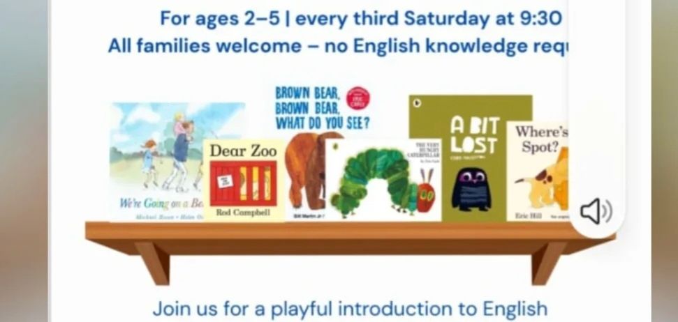 Englische Vorlesestunde für Kinder im Alter von 2-5 Jahren jeden dritten Samstag um 9:30 Uhr. Kommt vorbei für eine spielerische Einführung ins Englische durch Bilderbücher, ideal für junge Kinder. Englische Sprachkenntnisse sind nicht erforderlich.