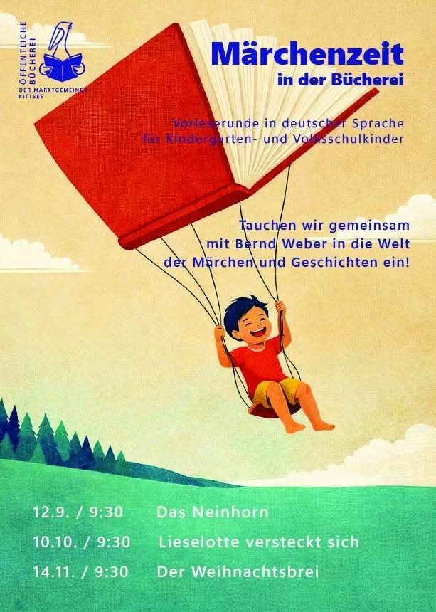 Ein Poster mit einem Jungen in einem roten Buchballon, der mit einer Schaukel fliegt und einem Zeitplan für Vorlesestunden auf Deutsch.