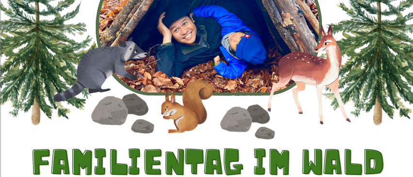 Plakat für einen Familientag im Wald. Es beinhaltet Hütten bauen, Feuer kochen, Marshmallows rösten und Spielen. Datum: Samstag, 4. Oktober 2025, 9-17 Uhr. Ort: Tarzi/Strobin Haus. Familiengebühr: 120 Euro. Anmelden bis 2. Oktober.