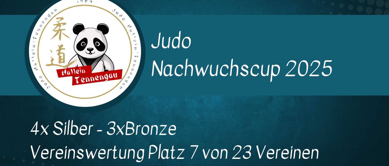Judo Nachwuchscup 2024 mit einem Panda, der ein rotes Band trägt. Das Plakat zeigt drei Bronzemedaillen. Das Team belegt Platz 7 von 23 Vereinen.