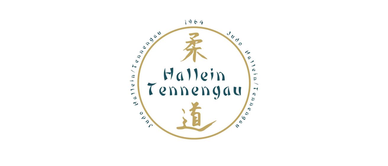Das Logo für Hallein Temmengau Judo, gegründet 1964, zeigt einen goldenen Kreis mit chinesischen Schriftzeichen und dem Namen 'Hallein Temmengau' in Grün.