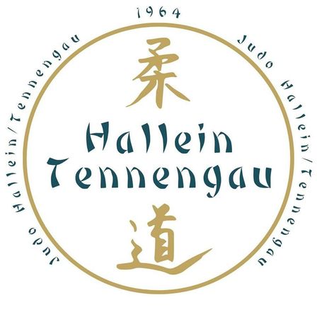 Das Logo für Hallen Tennengau Judo, mit einem goldenen Kreis, der Text 'Hallein Tennengau Judo', chinesische Schriftzeichen und das Jahr '1964' am Rand.