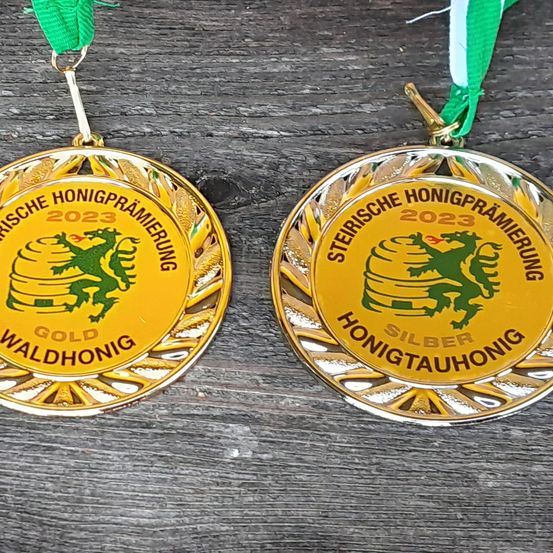 Zwei goldene und silberne Medaillen mit grünen Bändern werden auf einer Holzoberfläche ausgestellt. Beide Medaillen haben ein Drachendesign und den Text 'Steirische Honigpraemiierung 2023'. Die goldene Medaille trägt 'GOLD WALDHONIG', die silberne 'SILBER HONIG TAU HONIG'.