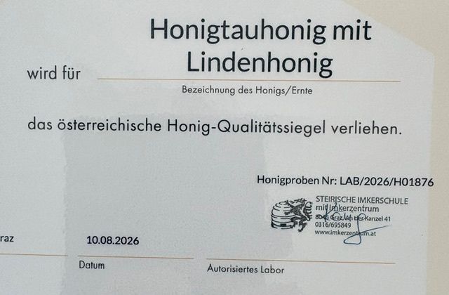 A certificate for linden honey with the Austrian Honey Quality Seal, dated August 10, 2026, issued by the Steirische Imkerschule.
