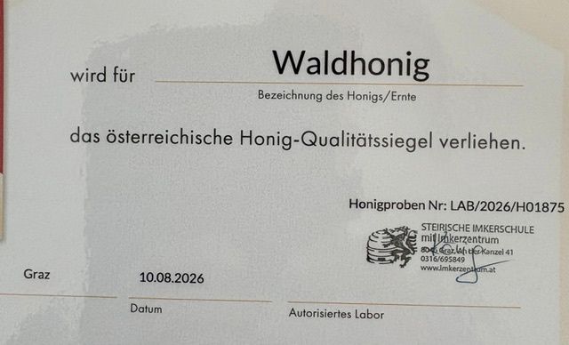 An official document titled Waldhonig with a stamp and signature. The document is dated 10.08.2026 and mentions a honey quality seal.