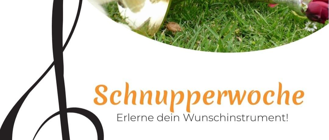 Plakat für eine Musikwoche. Eine Katze spielt Trompete. Termine: 23. Juni bis 27. Juni 2025. Ort: Haus der Vereine.