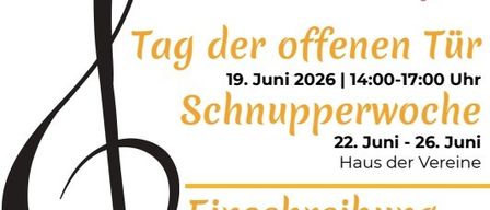 Tag der offenen Tür Plakat für die Musikschule Eggersdorf, 19. Juni 2026, 14:00-17:00 Uhr. Anmeldung für das Schuljahr 2026/27. Musikalische Früherziehung für alle Instrumente und Stile. Anmeldeschluss 10. Juli 2026.