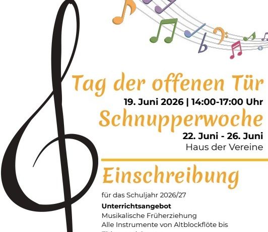 Tag der offenen Tür Plakat für die Musikschule Eggersdorf, 19. Juni 2026, 14:00-17:00 Uhr. Anmeldung für das Schuljahr 2026/27. Musikalische Früherziehung für alle Instrumente und Stile. Anmeldeschluss 10. Juli 2026.