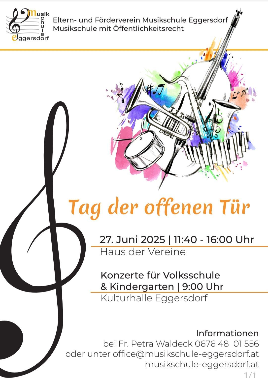 Ein Plakat für den 'Tag der offenen Tür' am 27. Juni 2025. Musikinstrumente sind gezeichnet, und es gibt Details zu Zeit und Ort der Veranstaltung.