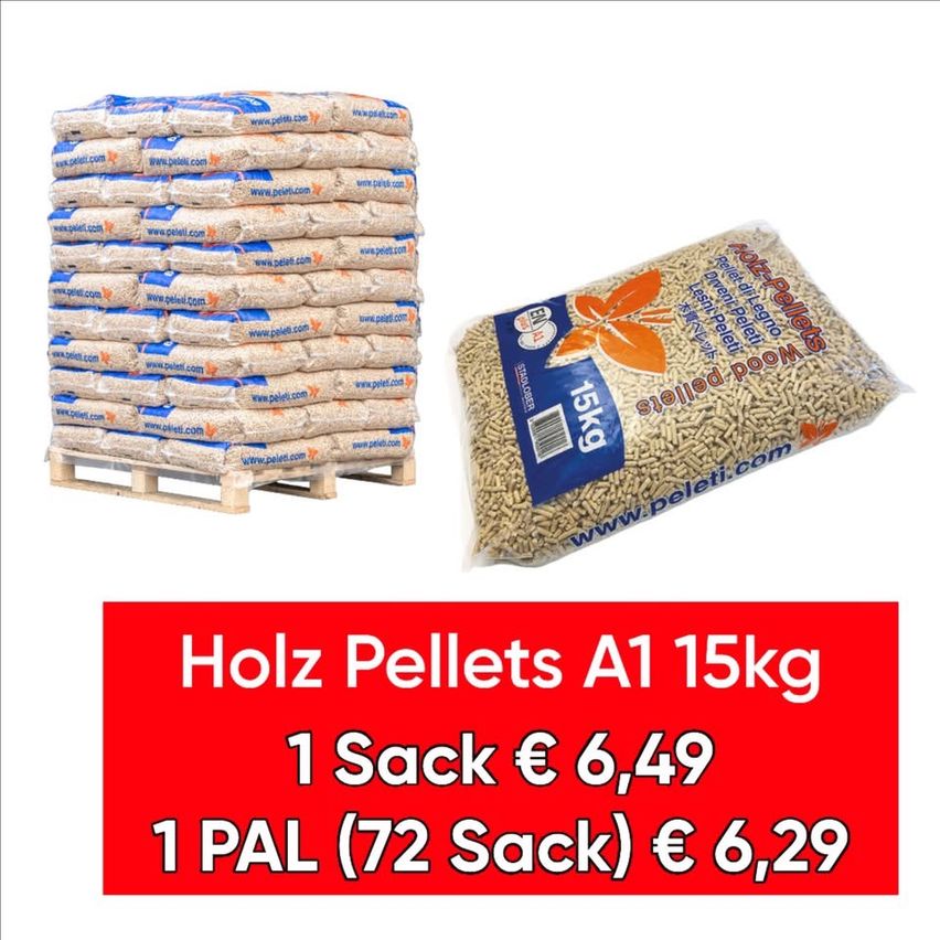 Ein Stapel Holzpellets auf einem Palette mit einem separaten Sack Holzpellets, der mit A1 15kg gekennzeichnet ist. Der Preis für einen Sack beträgt 6,49 Euro und für einen PAL (72 Säcke) 6,29 Euro.