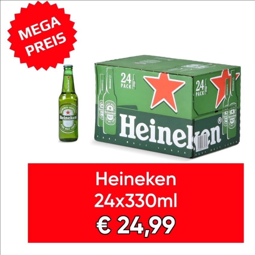 Eine grüne Box von Heineken Bier mit einem roten Stern und der Aufschrift '24 PACK'. Eine Flasche Heineken steht neben der Box. Der Preis beträgt 24,99 Euro.