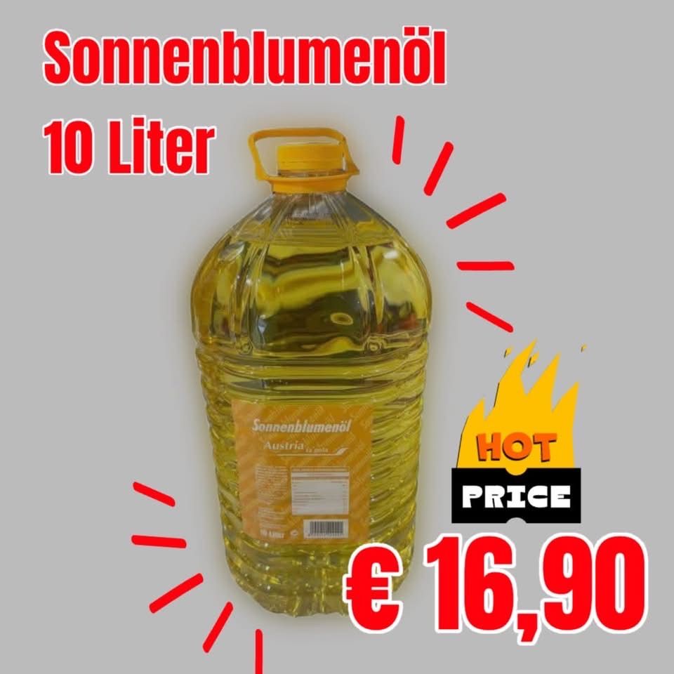 Eine 10-Liter-Flasche Sonnenblumenöl aus Österreich, zum Preis von 16,90 Euro, auf einem grauen Hintergrund mit gelber Flamme und roten Linien dargestellt.