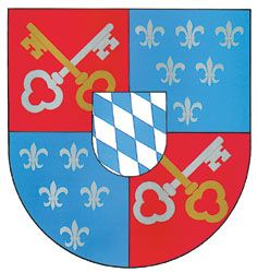 Ein heraldischer Schild mit einem blau-weißen Schachbrettmuster in der Mitte, flankiert von goldenen Schlüsseln auf beiden Seiten. Der Schild ist in vier Abschnitte unterteilt, wobei die oberen und unteren Abschnitte rot und die linken und rechten Abschnitte blau sind. Jeder Abschnitt enthält ein Fleur-de-Lis-Symbol.