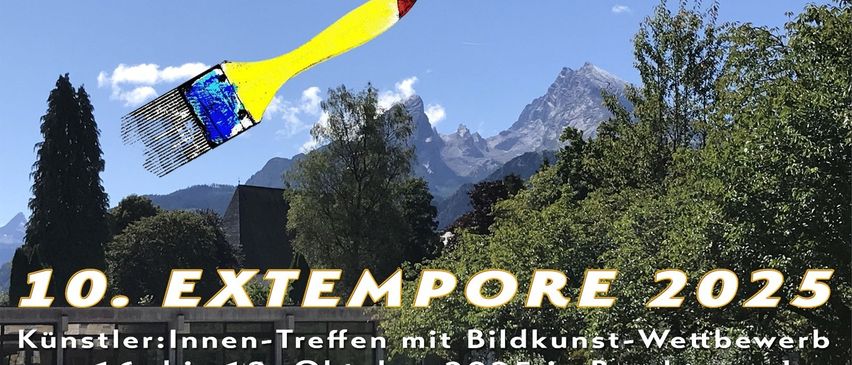 Ein Bild eines gelben Pinsels mit blauer Farbe darauf, der über einer Landschaft mit Bergen und Bäumen schwebt. Das Bild enthält auch den Text 'EXTEMPORE 2'.
