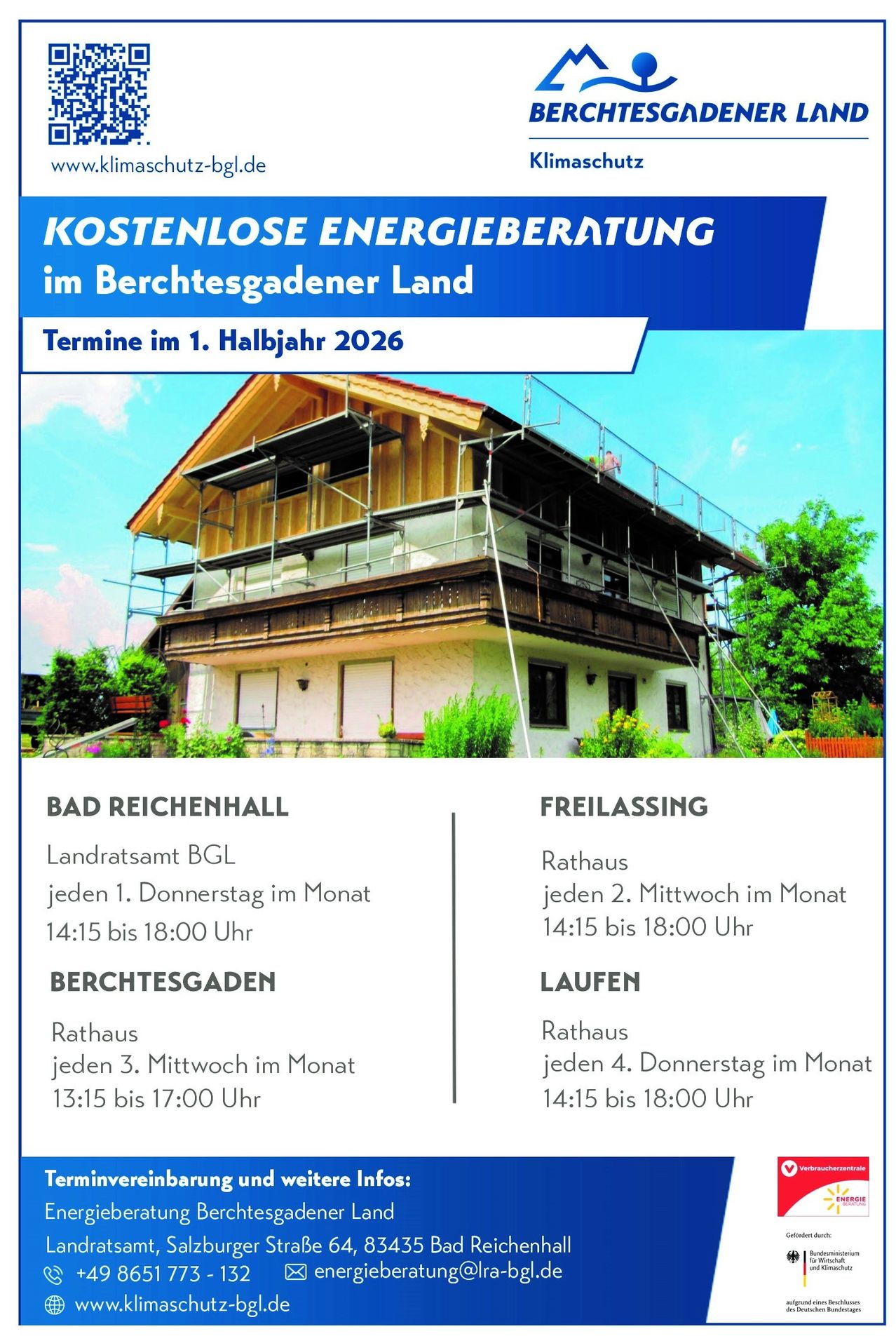Das Bild zeigt ein Plakat für eine kostenlose Energieberatungsveranstaltung im Berchtesgadener Land. Es erwähnt das erste Halbjahr 2026. Spezifische Orte und Zeiten sind für Bad Reichenhall, Freilassing, Berchtesgaden und Laufen aufgelistet.