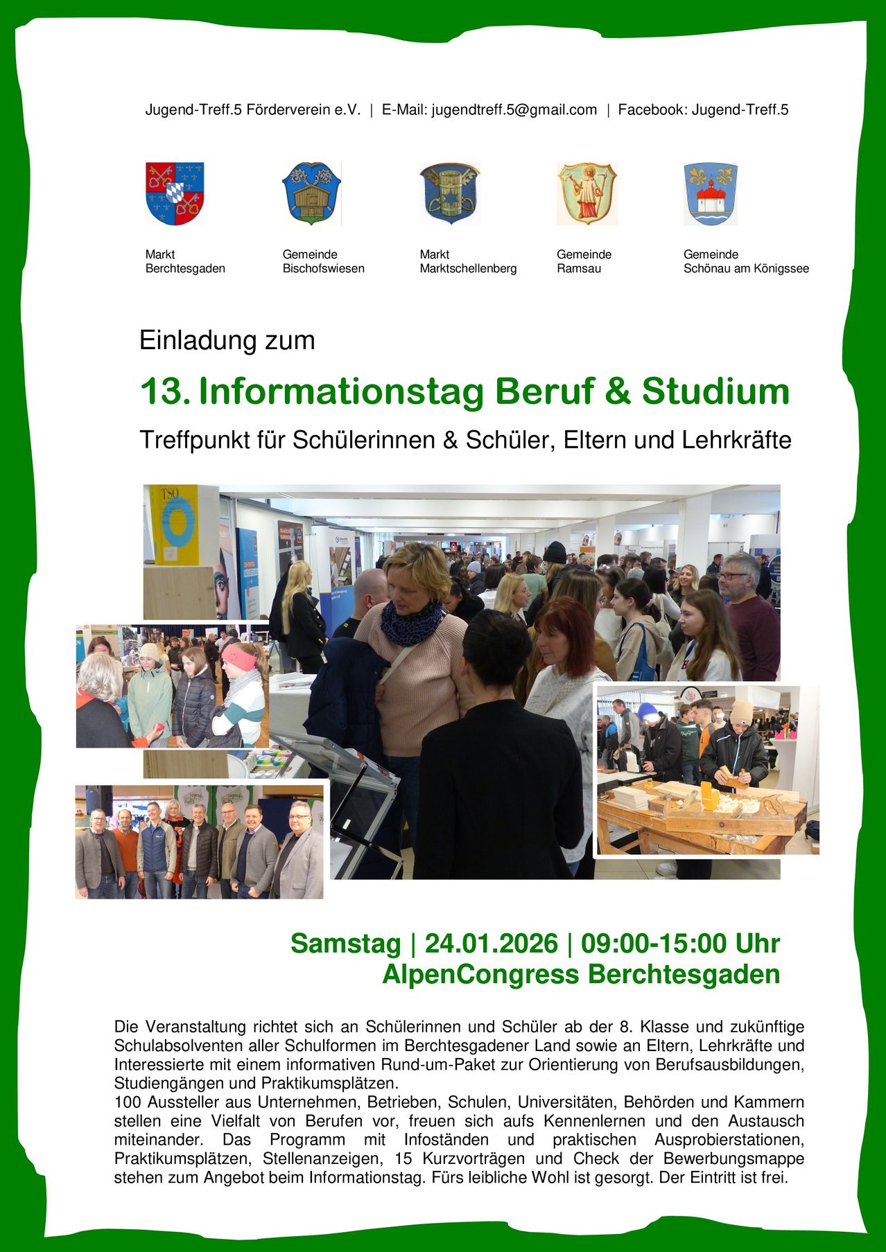 Einladung zum 13. Informationstag Beruf & Studium, ein Treffpunkt für Schüler, Eltern und Lehrkräfte. Fotos vergangener Veranstaltungen werden angezeigt, zusammen mit Veranstaltungsdetails.