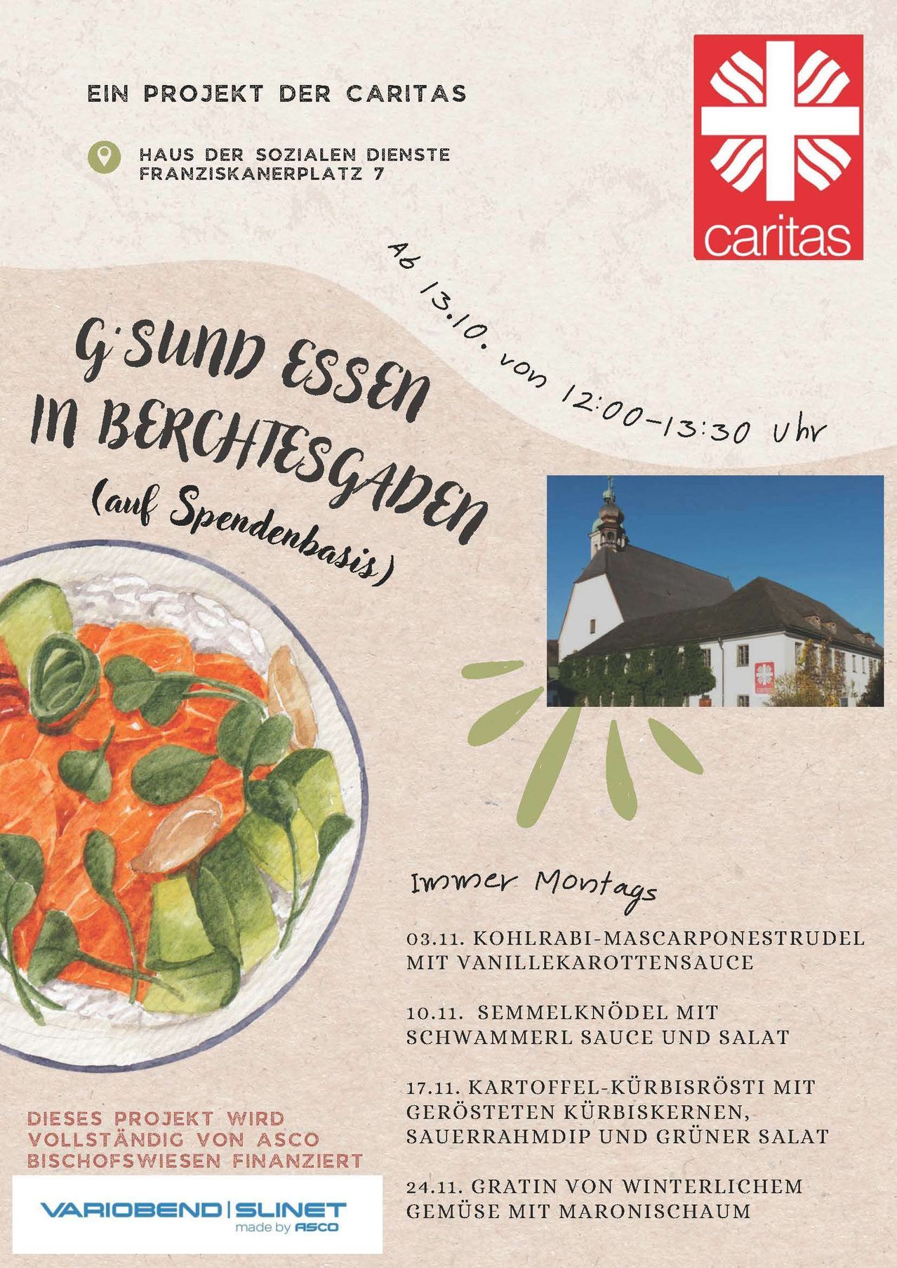 Werbeplakat für ein gesundes Ess-Event in Berchtesgaden mit einem Teller Lachs und Gemüse im Vordergrund und einem Gebäude im Hintergrund. Veranstaltungsdetails umfassen Datum und Uhrzeit.