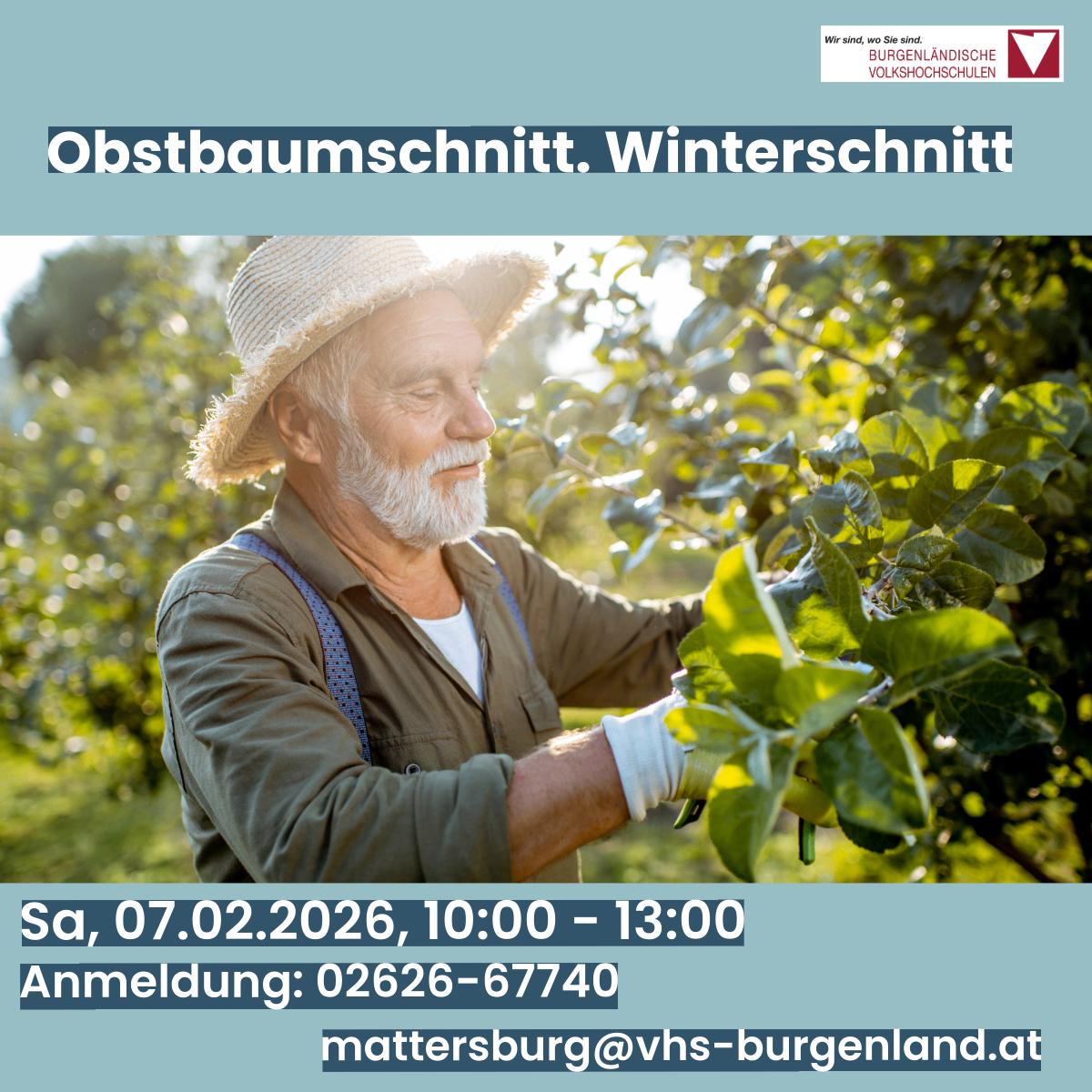 Ein älterer Mann beschneidet einen Baum in einem Obstgarten, trägt einen Hut und Handschuhe. Der Text lautet 'Obstbaumschnitt. Winterschnitt'. Das Datum und die Uhrzeit sind 'Sa, 07.02.2026, 10:00 - 13:00', mit einer Registrierungsnummer und E-Mail.