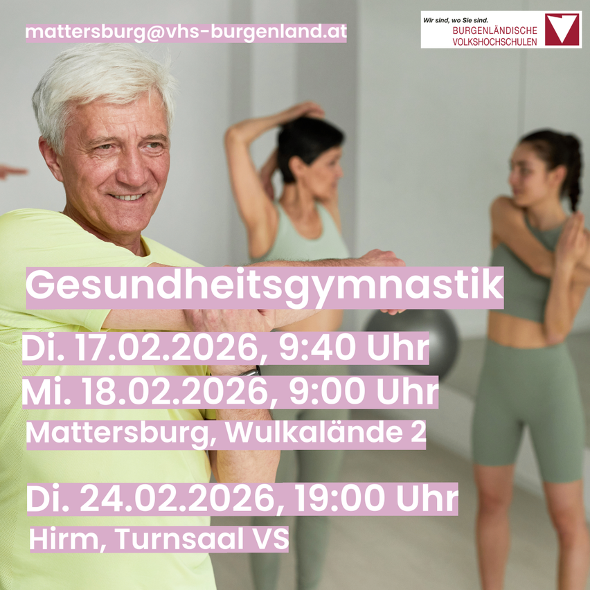 Ein Bild zeigt einen Mann und zwei Frauen, die in einem Fitnessstudio trainieren. Termine und Orte für Gesundheitsgymnastik-Sitzungen sind angegeben.