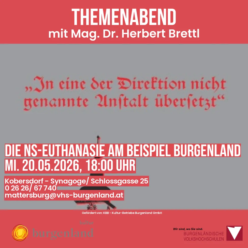 Ein Plakat mit dem Titel 'THEMENABEND' und dem Datum 20.05.2026, 18:00 Uhr. Ort ist Kobersdorf, Synagoge/Schloßgasse 25. E-Mail für Anfragen ist mattersburg@vhs-burgenland.at. Veranstaltet von KBB - Kultur-Betriebe Burgenland GmbH.