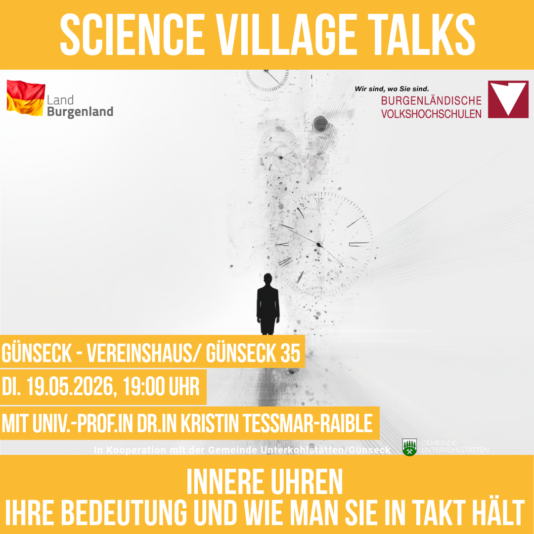 Plakat für Science Village Talks mit einer Silhouette einer Person, deutschen Flaggen und einem Datum vom 19. Mai 2026 um 19:00 Uhr, das innere Uhren mit einem Professor diskutiert.