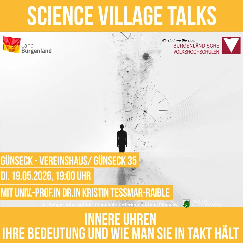 Plakat für Science Village Talks mit einer Silhouette einer Person, deutschen Flaggen und einem Datum vom 19. Mai 2026 um 19:00 Uhr, das innere Uhren mit einem Professor diskutiert.