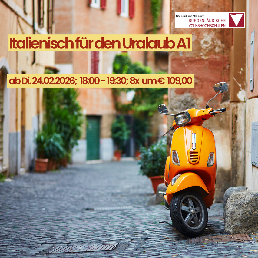 A bright orange scooter parked on a cobblestone street in a town. There are buildings and plants around. The words 'Italienisch fur den Urlaub A1' are on the top left.