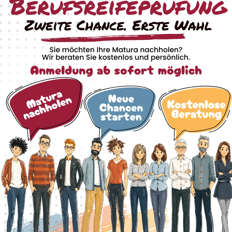 Eine Werbung für Berufsreifeprüfung. Es bietet kostenlose persönliche Beratung und die Möglichkeit, die Abschlussprüfungen zu wiederholen. Es ist eine zweite Chance und erste Wahl.