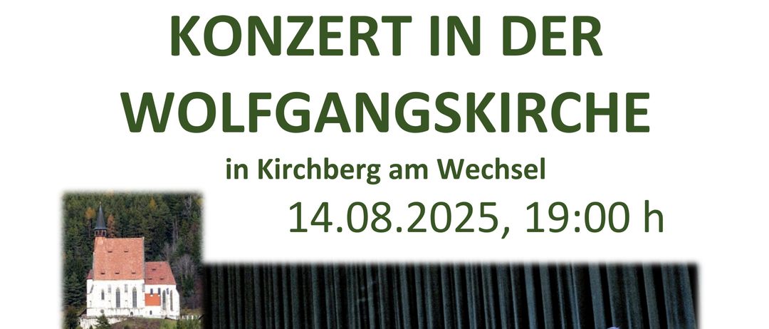 Plakat für einen Männerchor-Auftritt in Kirchberg am Wechsel, geplant für den 14. August 2025, um 19:00 Uhr. Der Chor, in Anzügen gekleidet, tritt auf der Bühne auf. Im Hintergrund sind eine Kirche und Berge zu sehen.