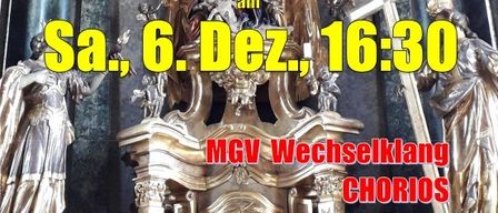 Plakat für ein Adventkonzert in der Kirche Pinggau, 6. Dezember, 16:30. Zeigt einen kunstvollen Altar, Statuen und ein Logo.