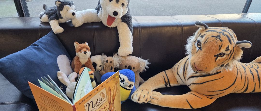 Eine Sammlung von Kuscheltieren auf einer schwarzen Couch, darunter ein Fuchs, Husky, Tiger, Eule und Panda, mit einem offenen Buch mit dem Titel 'Nobbi' davor.