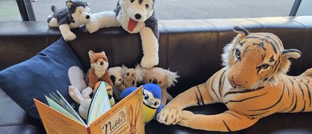 Eine Sammlung von Kuscheltieren auf einer schwarzen Couch, darunter ein Fuchs, Husky, Tiger, Eule und Panda, mit einem offenen Buch mit dem Titel 'Nobbi' davor.