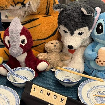 Ein Tiger, ein Panda und verschiedene andere Kuscheltiere stehen auf einem Tisch mit blauen Tellern, Schüsseln, Chopsticks und einem Schild, das 'Lange Nacht' besagt. Dahinter sind Bücher in Regalen ausgestellt.