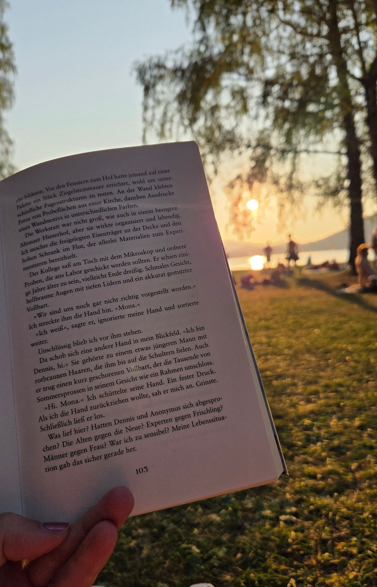 An open book with German text displayed on a page, set against a blurred background of a park with people sitting and standing, and a sunset in the distance.