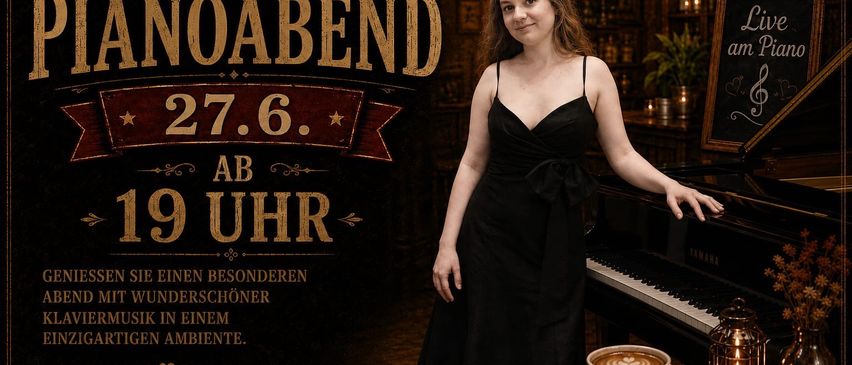 Eine Frau steht neben einem Klavier und lächelt. Eine Tasse Kaffee steht auf einem Untersetzer. Cafe Vintage, ein besonderer Abend am 27. Juni um 21 Uhr. Besuchen Sie uns!