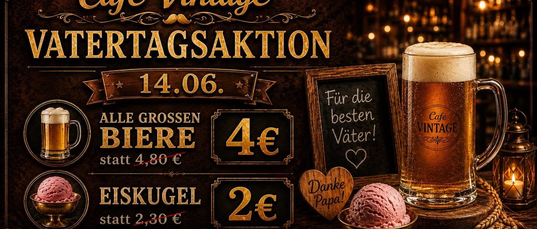 Vintage Cafe Geburtstagsaktion am 14. Juni. Große Biere für 4 Euro, kleine Biere für 2 Euro. Adresse: Kehrgasse 41A, 8793 Trofaiach. Genießen Sie!